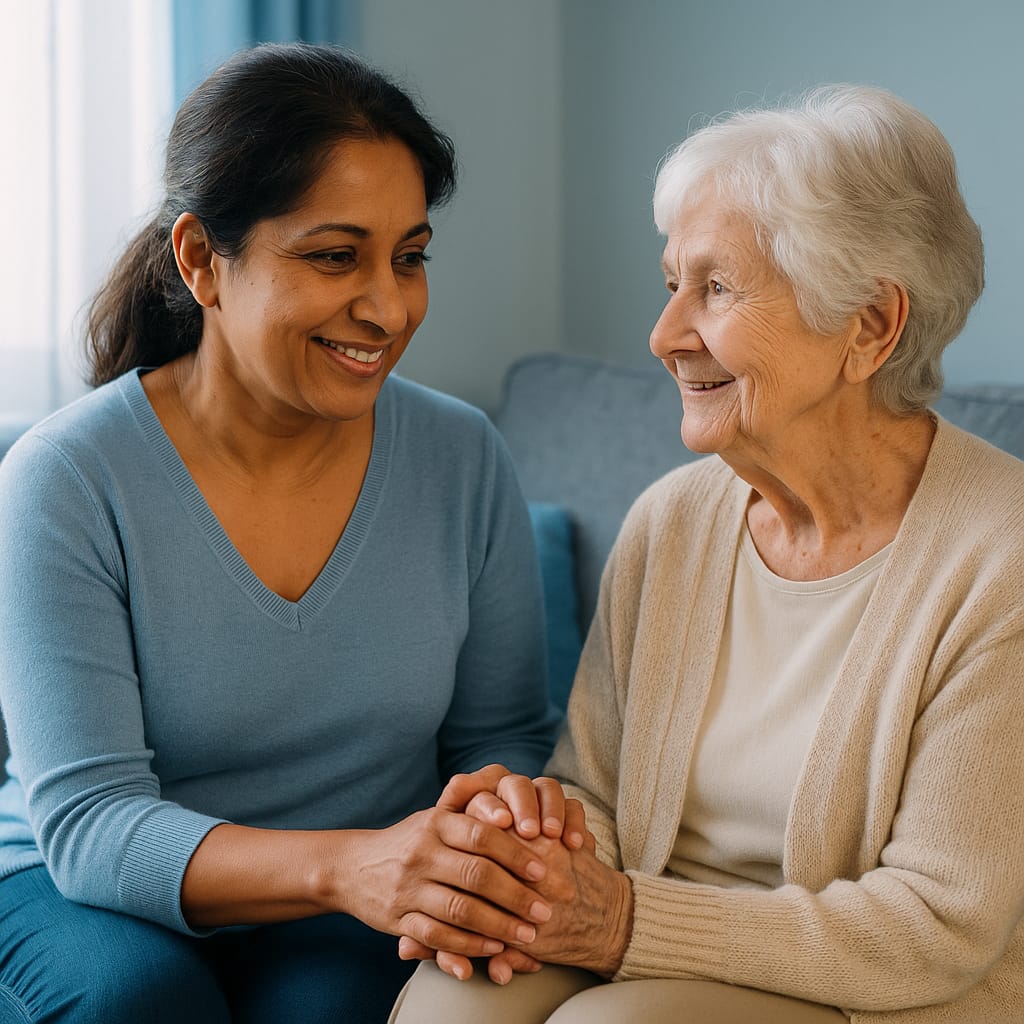Elderly woman receiving dementia care at home in London